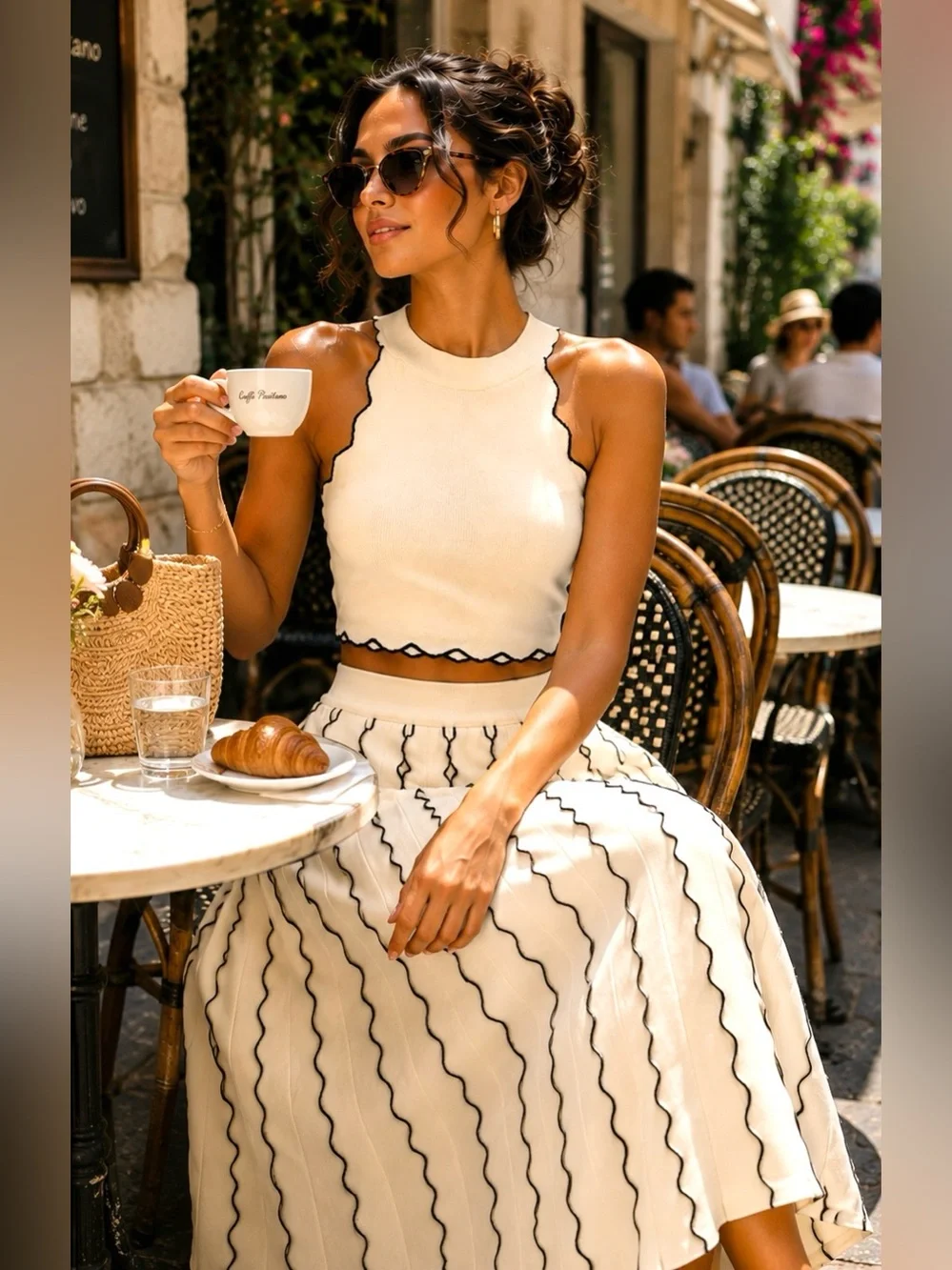 Cream Knit Two Piece Set Scalloped Halter Crop Top Wavy Stripe Midi Skirt Size M - Picture 1 of 11